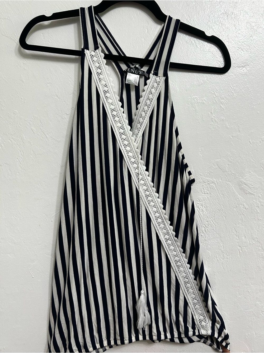 VENUS Navy and White Striped tank with Lace Trim